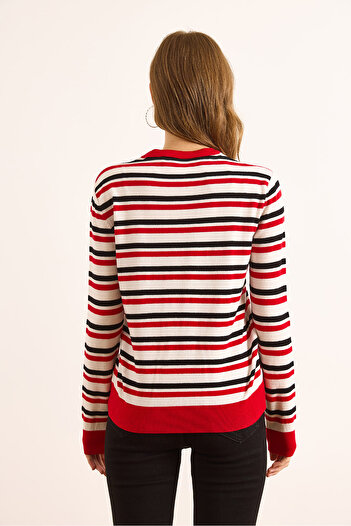 Olalook Women's Ecru Striped Soft Textured Viscose Blend Knitwear Blouse Blz-19003096