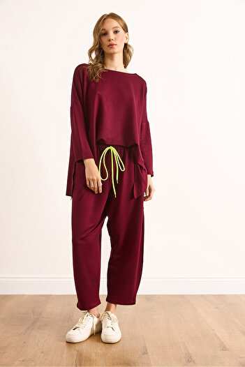 Olalook Women's Burgundy Arma and Lace Detailed Asymmetrical Cut Flowy Tracksuit Set Etkm-0000072