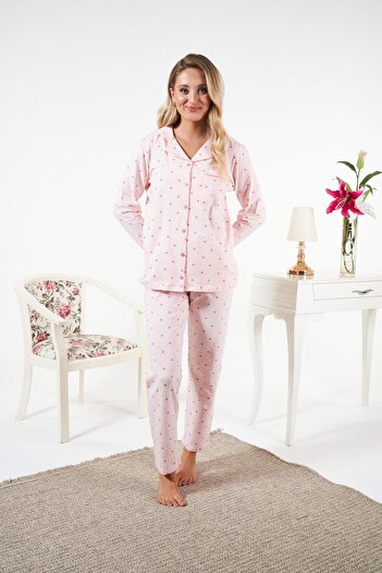 Estiva Women's Winter Front Buttoned Polka Dot Combed Cotton Lycra Pajama Set