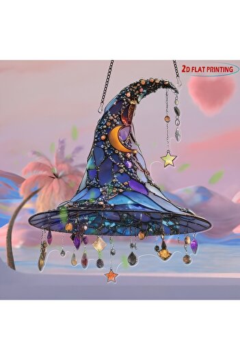 Choice One Size As shown ‌Halloween Witch Hat Ornament Blue Acrylic Hanging Decor Glow in the Dark Party Su