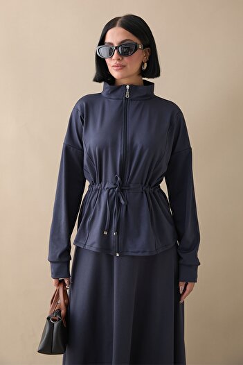 InStyle Navy Blue Scuba Suit with Tunnel Belted Skirt