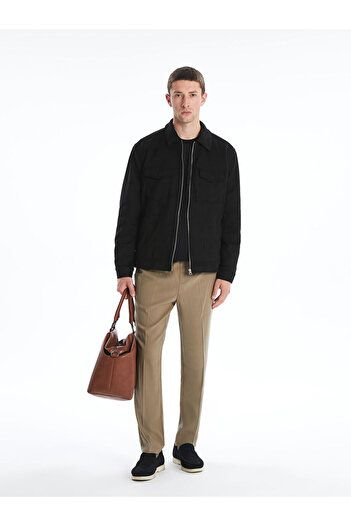 LC Waikiki Black Slim Fit Shirt Collar Suede Men's Coat
