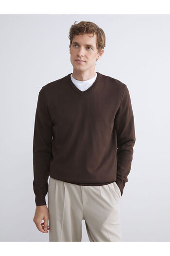 LC Waikiki Brown V-Neck Men's Knitwear Sweater