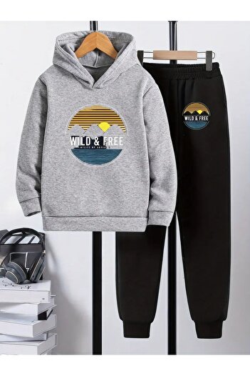 CROPSEL Children's Printed Hooded Sweatshirt and Sweatpants Set 3 Thread Raster for Autumn/Winter