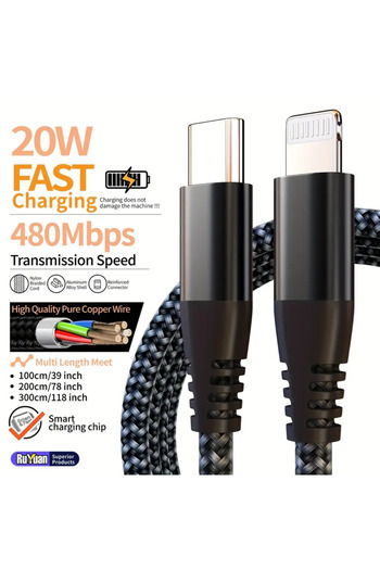 Choice 1m 1PC Black LAIHONEN MFI certified for iPhone 14 13 12 11 Type c To Lightning Fast charging cable f