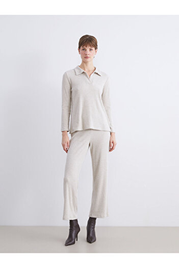 LC Waikiki Beige Textured Women's Trousers with Elastic Waist
