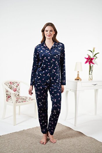 Estiva Women's Winter Front Buttoned Cherry Patterned Velvet Pajama Set Navy Blue