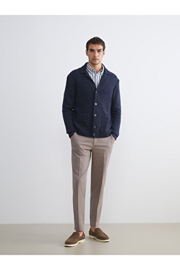 LC Waikiki Navy Blue Standard Fit Jacket Collar Men's Knitwear Cardigan