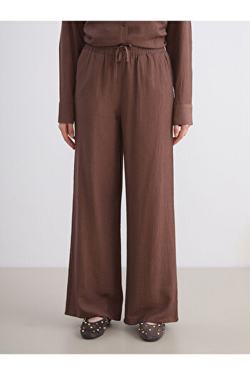 LC Waikiki Brown Elastic Waist Textured Wide Leg Women's Trousers
