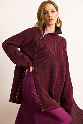 Olalook Women's Burgundy Premium Double-Sided Zipper Detailed Cotton Oversize Sweater Kzk-19000982