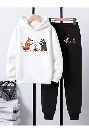 Cevval Children's Printed Hooded Sweatshirt and Sweatpants Set 3 Thread Raster for Autumn/Winter