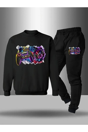 SVART WEAR Children's Printed Crew Neck Sweatshirt and Sweatpants Set 3 Thread Raster for Autumn/Winter