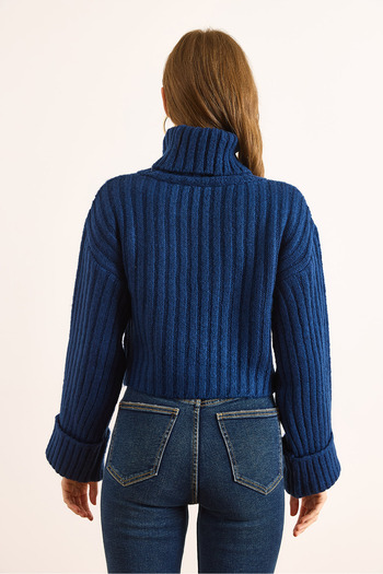 Olalook Women's Navy Blue Turtleneck Soft Textured Ribbed Crop Sweater Kzk-19000983