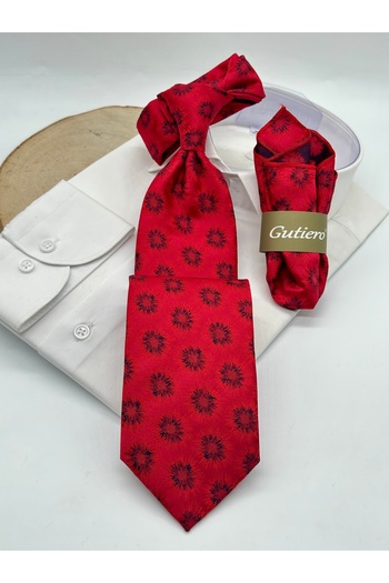 Gutiero Classic Tie with Red Patterned Handkerchief
