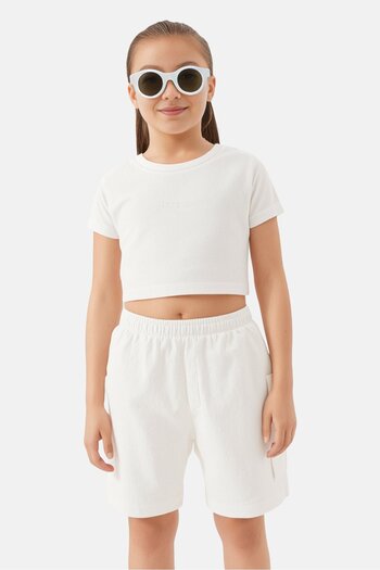 Fudo Toddllers Girls 3 Piece Brand Logo Top And Bottom With Sunglasses Set, White