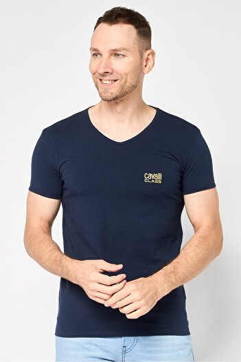 Cavalli Class Men V Neck Short Sleeve Brand Logo T-Shirt, Navy