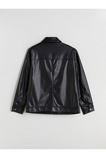 LC Waikiki Black Standard Mold Shirt Collar Men's Leather Look Coat