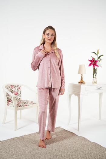 Estiva Women's Winter Front Buttoned Polka Dot Velvet Pajama Set Powder
