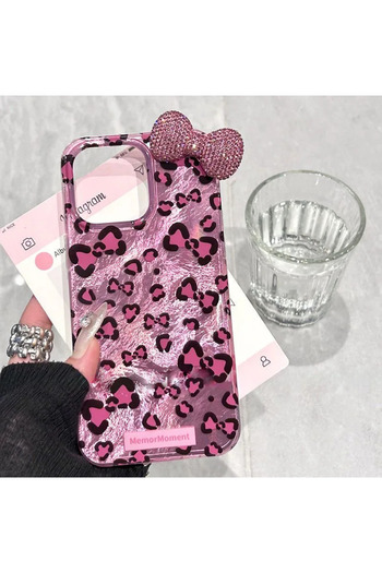 Miniso For iPhone 13MINI B With Bow Leopard Print Hello Kitty Mirror Bow Strap Phone Case For iPhone 16 15