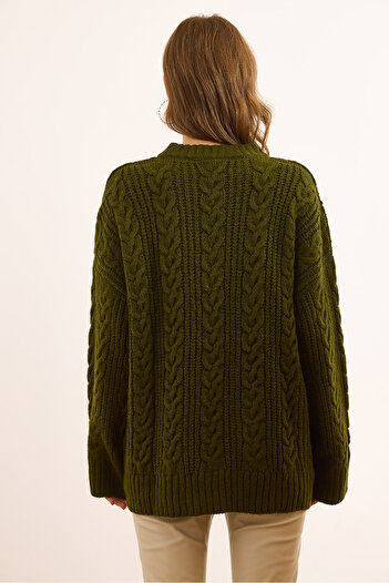 Olalook Women's Khaki Thick Hair Braided Oversize Knitwear Sweater Kzk-19000986
