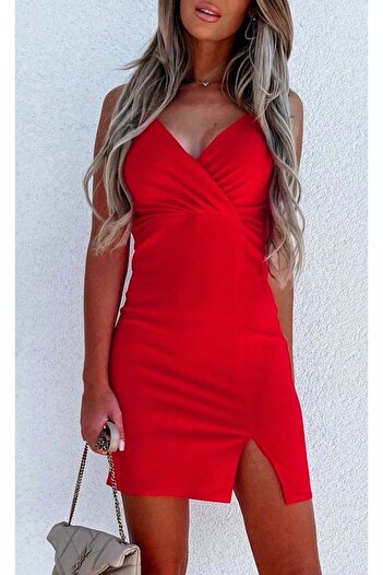 bayansepeti Women's Crepe Fabric Double-Breasted Collar Red Mini Dress with Slit and Cross Strap Design on the Back 058