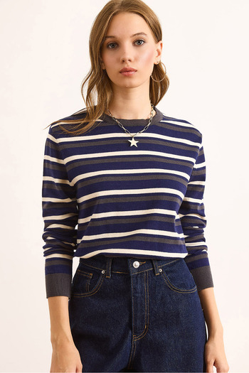 Olalook Women's Navy Blue Striped Soft Textured Viscose Blend Knitwear Blouse Blz-19003096