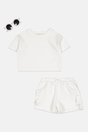Fudo Toddllers Girls 3 Piece Brand Logo Top And Bottom With Sunglasses Set, White