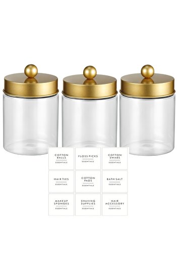 Choice 3pcs Clear Gold Qtip Holder Dispenser - 8 oz Plastic Apothecary Jar Containers for Vanity Makeup Cou