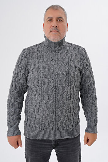 Trist Star Big Size Men's Dark Grey Fisherman's Hair Braided Wool Sweater Trist-2119