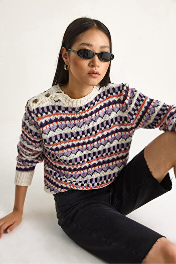 Bianco Lucci Women's Shoulder Patch Patterned Knitwear Sweater 20246176