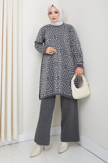 FERHEL Triangle Glitter Woven Comfortable Fit Women's Tunic and Pants Hijab Knitwear Set