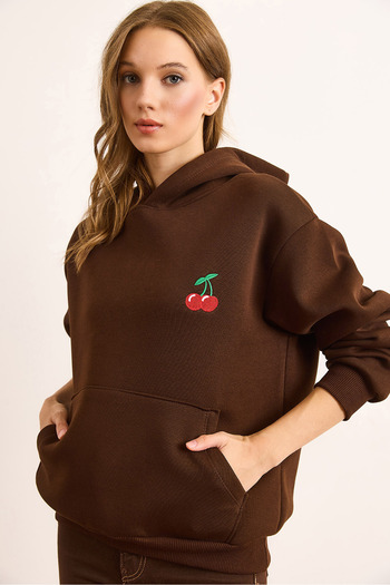 Olalook Women's Brown Cherry Embroidered Hooded Hooded Sweatshirt Swt-19000734