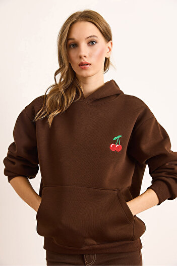 Olalook Women's Brown Cherry Embroidered Hooded Hooded Sweatshirt Swt-19000734