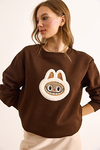 Olalook Women's Brown Appliqued Basic Sweatshirt Swt-19000737