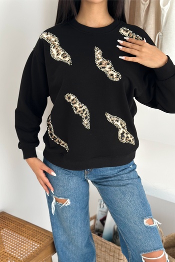 FEMELLE Black Leopard Pattern Beads and Sequins Embroidered 100% Cotton Sweatshirt