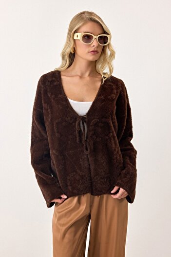 VAGGON Women's Bitter Brown V-Neck Lace Detailed Patterned Knitwear Cardigan Vs00902