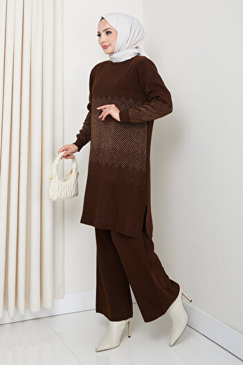 Kirazgym Elegance Silvery Woven Comfortable Fit Women's Tunic and Pants Hijab Knitwear Set