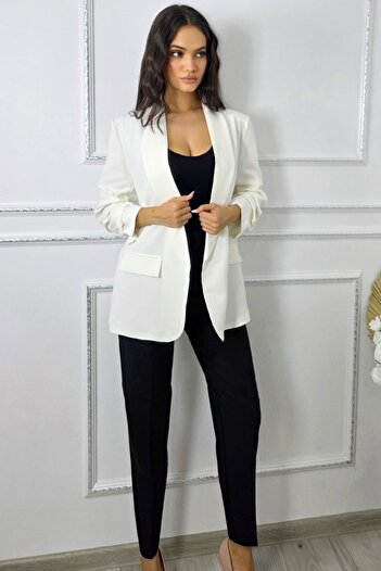 FashionForYou Sacou office Alessia, cu revere și buzunare decorative, Alb, Mărime S/M, Mărime universală S/M