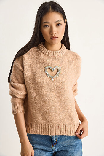 Bianco Lucci Women's Heart Detailed Stone Embroidered Knitwear Sweater 60261249