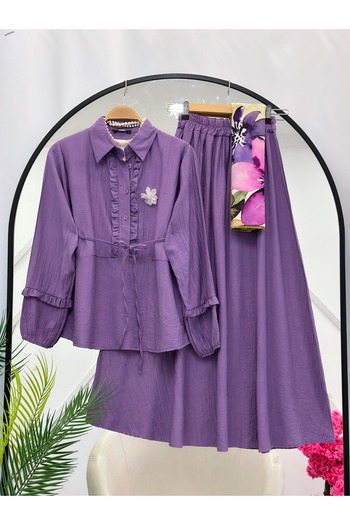 YEDİLALE Flower Brooched Skirt and Bluse Double Set 4906