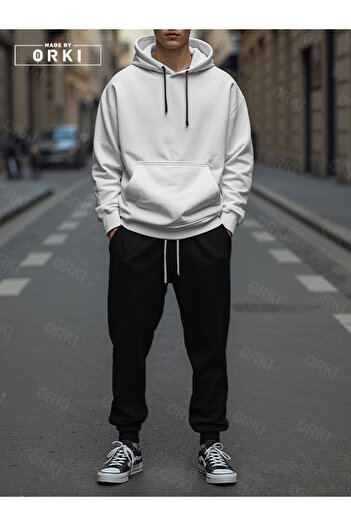 EFFRENATU Oversize White Hooded Sweatshirt Black Pants Jogger – Comfortable and Stylish Hoodie