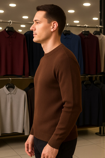 Maccali Men's Crew Neck Striped Brown Sweat Knitwear Sweater
