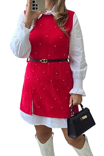 MAXORA SHOP Shirt dress with striped vest and metallic inserts