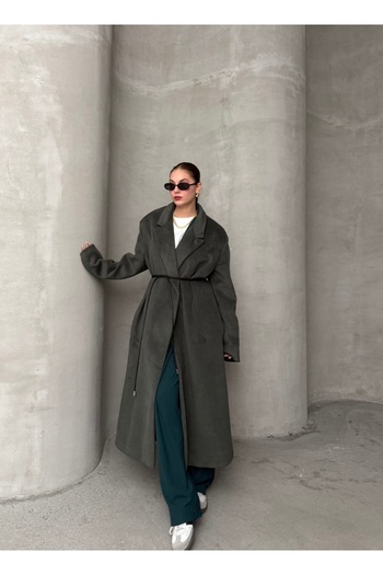 SERHANE Kruvaze Collar Thin Leather Belted Coat