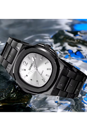 Skmei Men’s Stainless Steel Analog Quartz Watch Silver Dial Black Bracelet