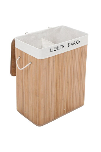 SONGMICS Laundry basket with lid, 2 compartments, detachable bag, volume 100L, 52x32x62cm, brown