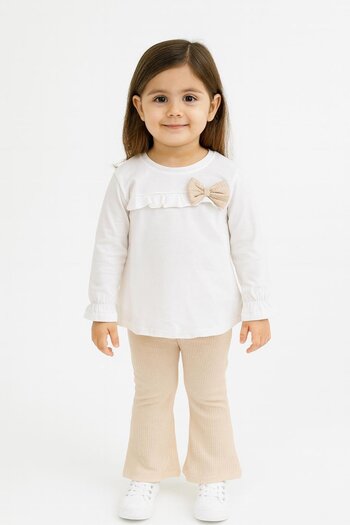 NEWKİDS Bow Detailed Ruffled Sleeve Seasonal Compact White Color Girl's Suit