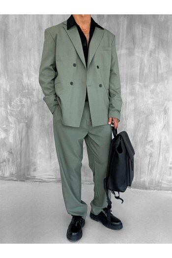 ablukaonline Men's Oversize Comfortable Fit Double Breasted Suit Khaki Green