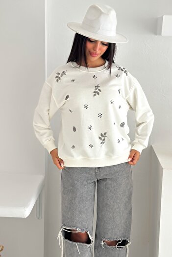 FEMELLE 100% Cotton Sweatshirt with White Beads and Sequins Embroidery