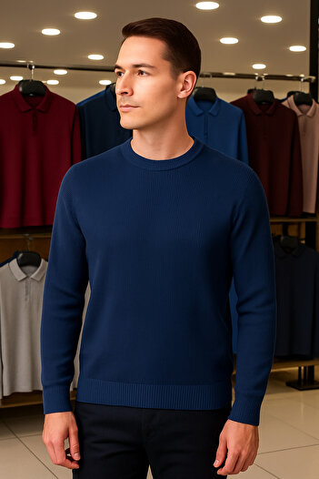 Maccali Men's Crew Neck Striped Navy Blue Sweat Knitwear Sweater